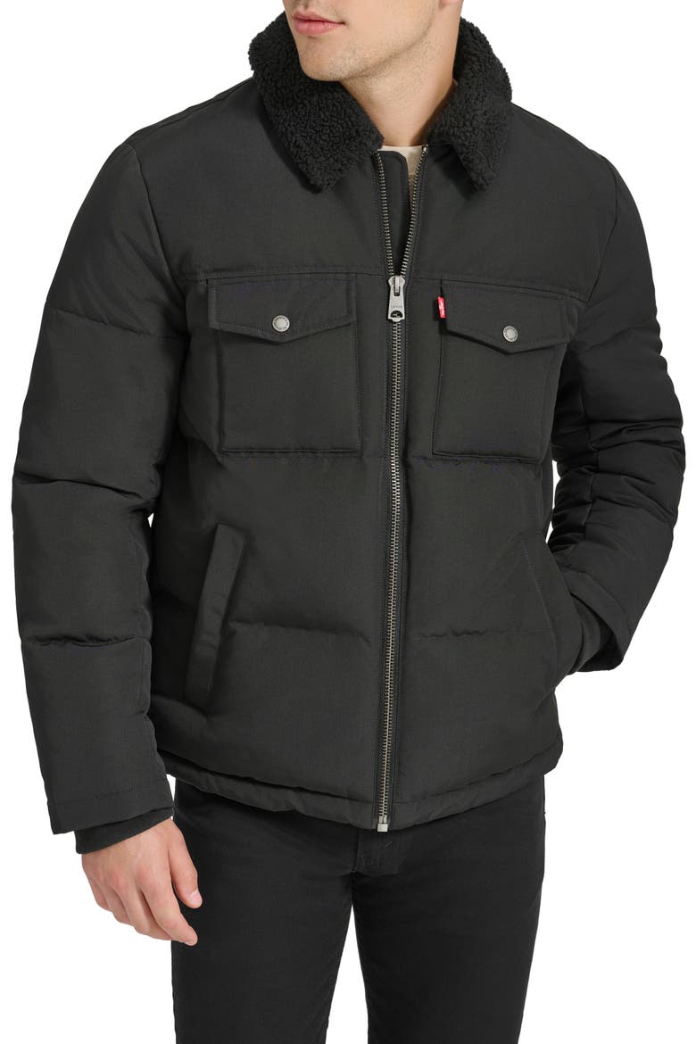 Quilted Jacket with Faux Shearling Collar, Main, color, BLACK