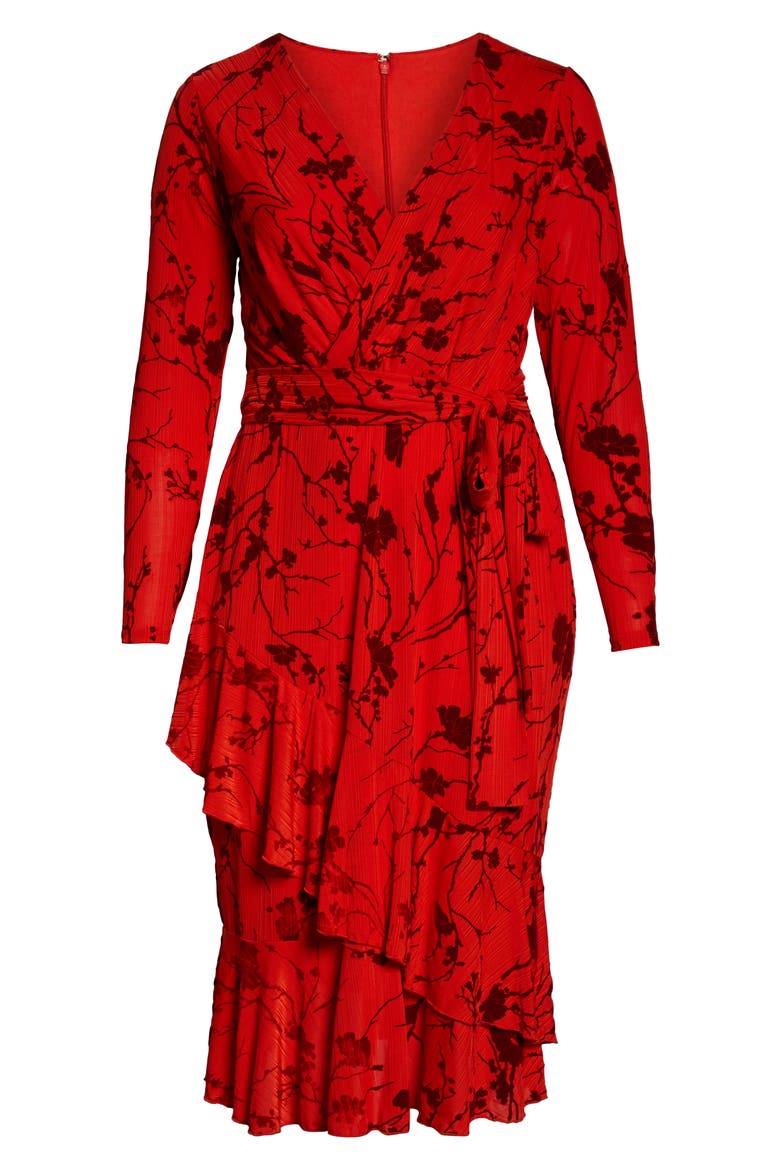 Ruffle Hem Faux Wrap Midi Dress, Alternate, color, FIRE