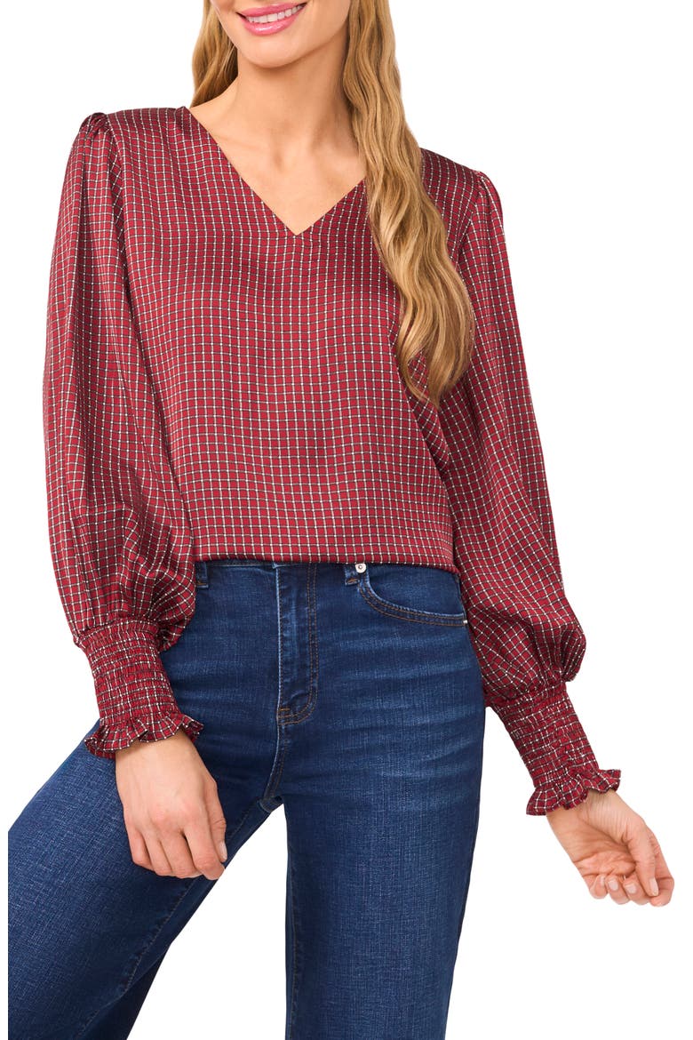 Print Smocked Cuff Top, Main, color, MULBERRY RED