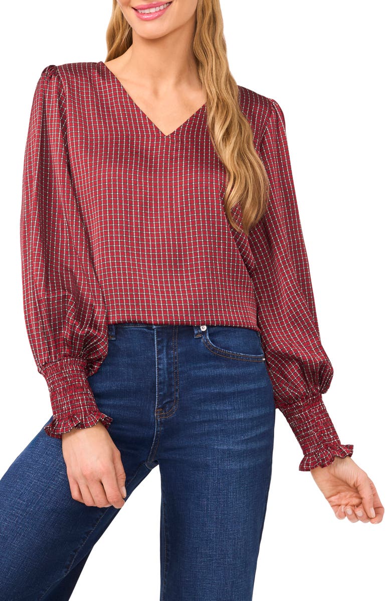 CeCe Print Smocked Cuff Top, Main, color, Mulberry Red