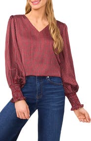 CeCe Print Smocked Cuff Top