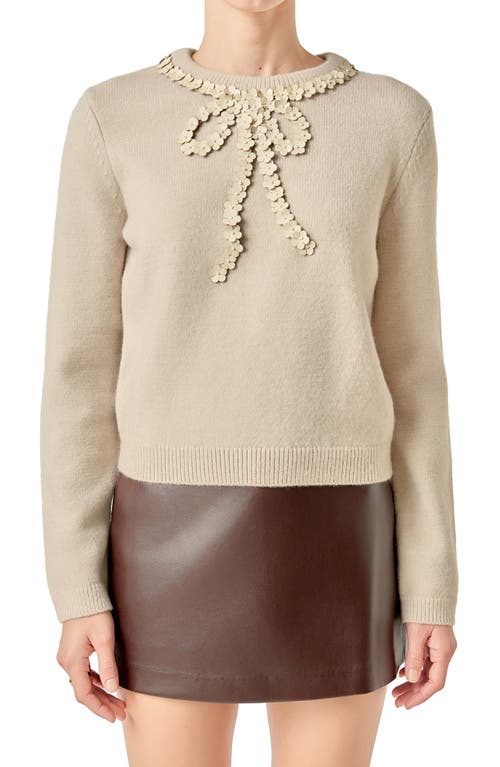 English Factory Floral Appliqué Bow Sweater In Neutral
