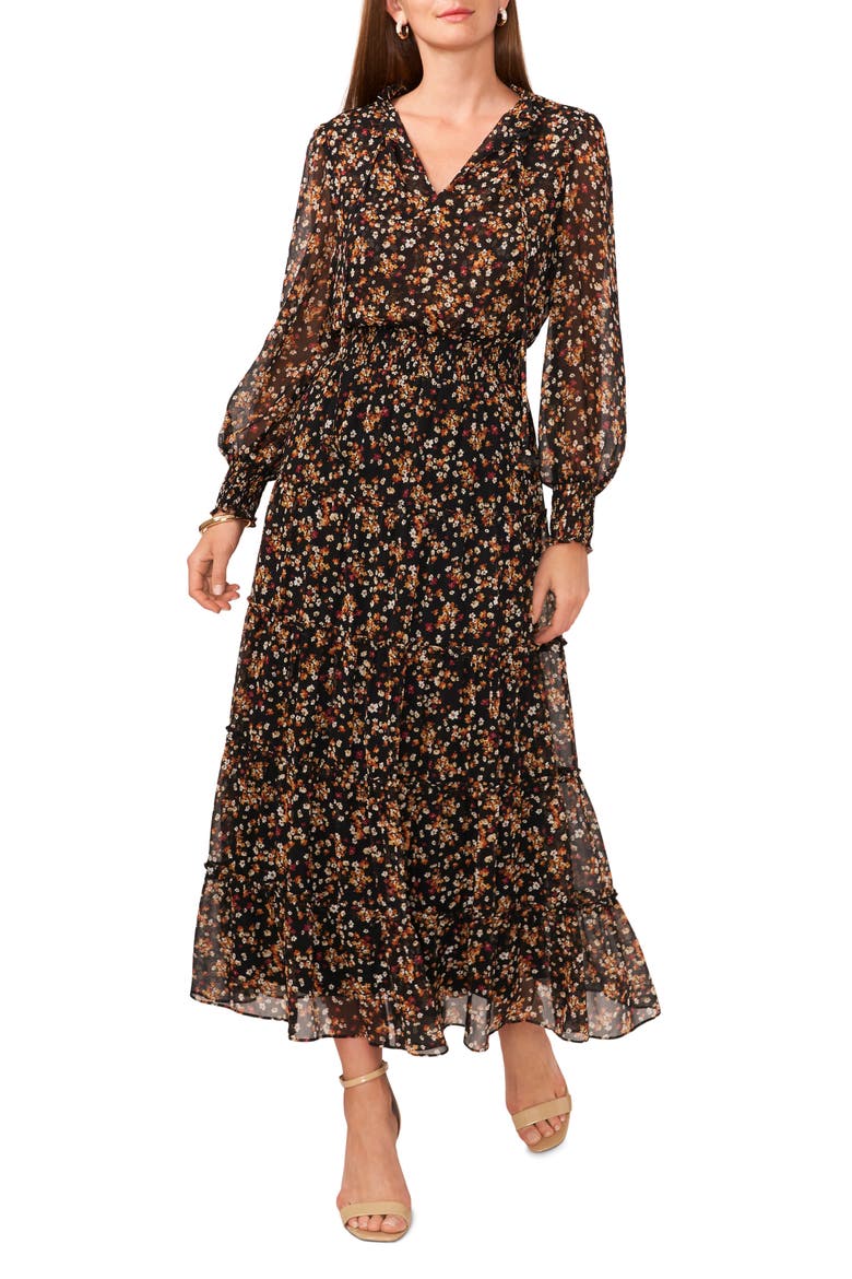 Floral Long Sleeve Tiered Maxi Dress, Main, color, BLACK MANGO