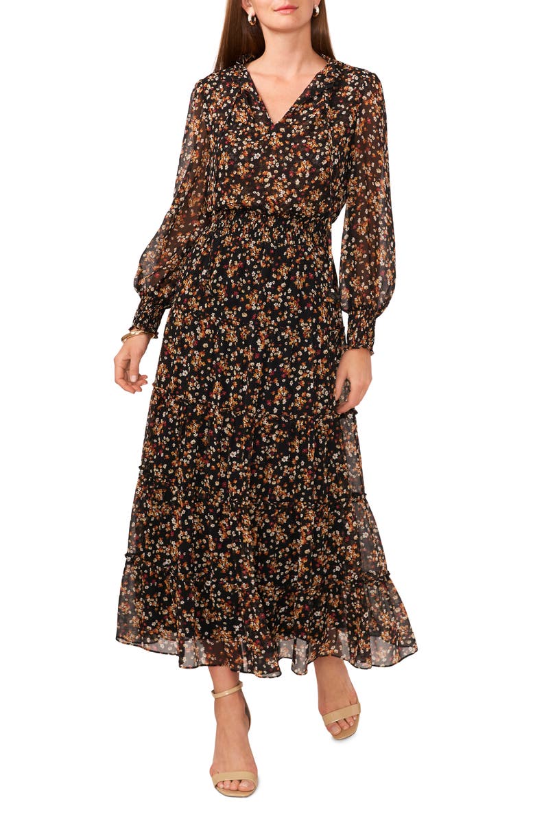 Chaus Floral Long Sleeve Tiered Maxi Dress, Main, color, Black Mango