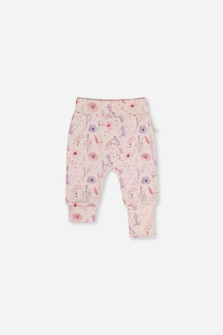 Organic Cotton Flowers Foldover Waist Ribbed Evolutive Pants, Main, color, Pink Printed Flowers