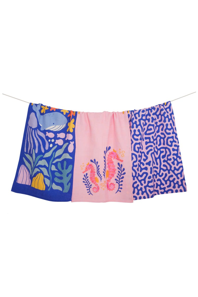 Set of Three Whimsical Ocean Kitchen Towels, Main, color, ROYAL BLUE/ HOT PINK