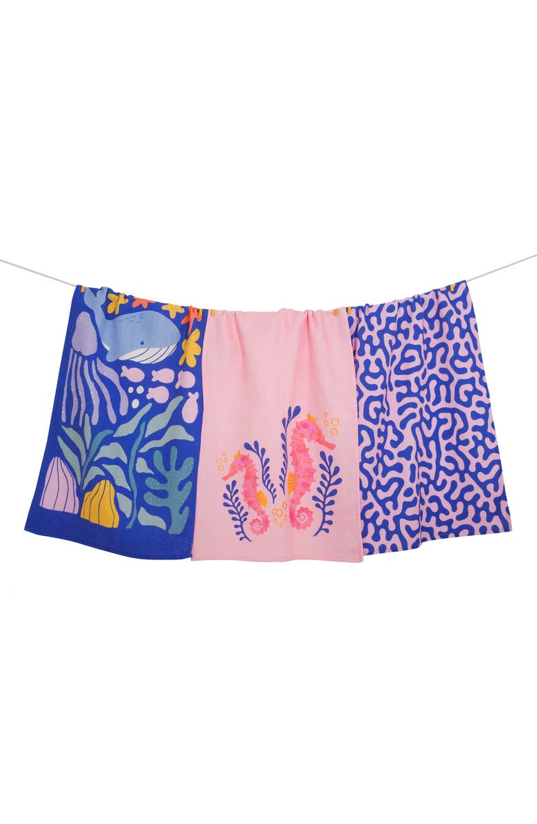 Tiramisu Set of Three Whimsical Ocean Kitchen Towels, Main, color, Royal Blue/ Hot Pink