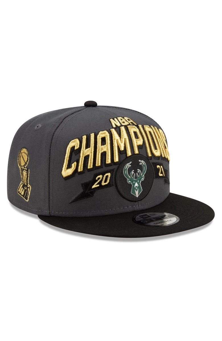 New Era Men's New Era Gray/Black Milwaukee Bucks 2021 NBA Finals Champions Locker Room 9FIFTY Snapback Adjustable Hat, Main, color,