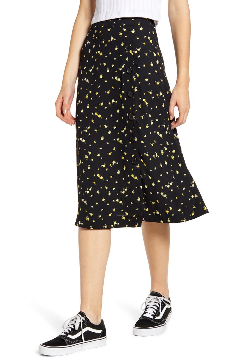 Floral Side Button Midi Skirt, Main, color, BLACK SCATTERED BLOOMS