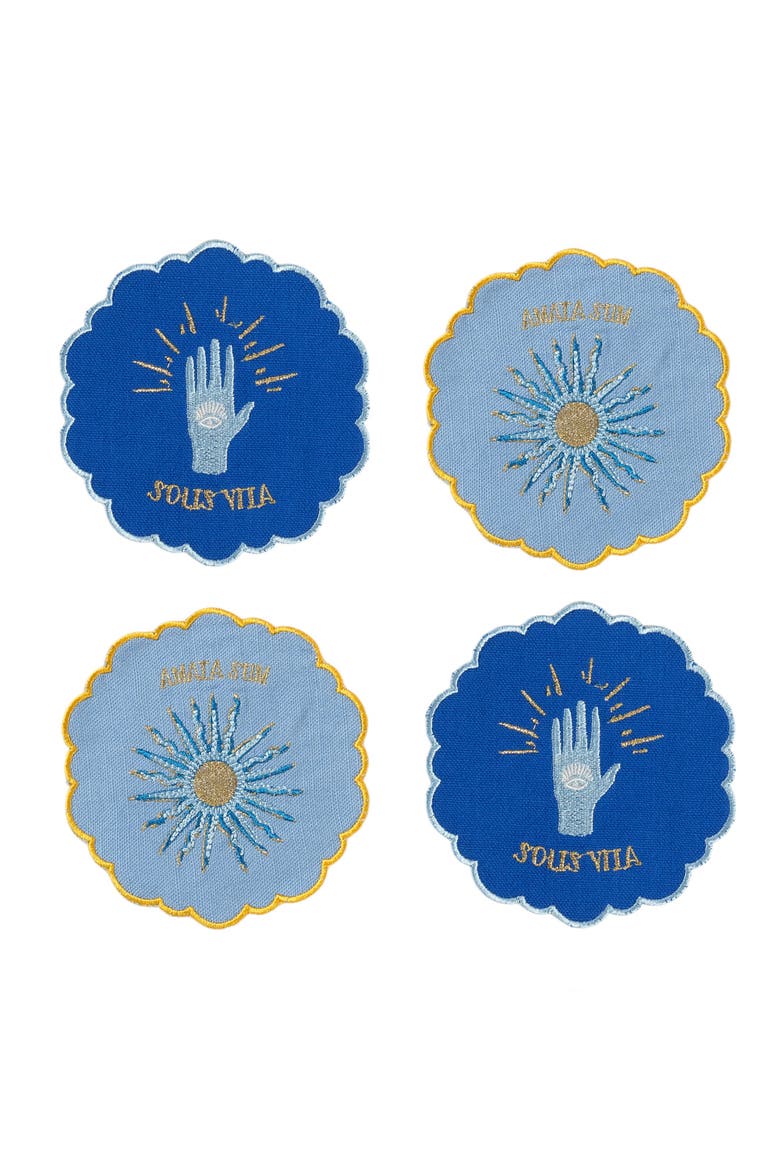 Nilufer 4 Pcs Digital Printed Overlocked Embroidered 100% Cotton Coaster Set, Main, color, Blue