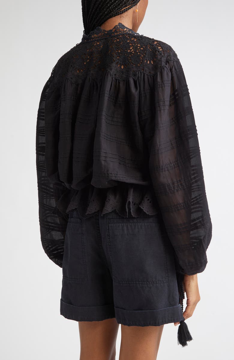 Isabel Marant Étoile Polly Lace & Eyelet Trim Cotton Pintuck Top, Alternate, color, Black