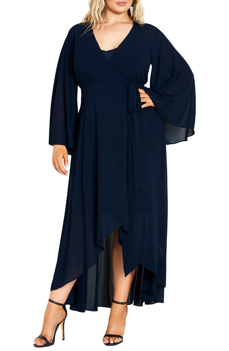 City Chic Fleetwood Long Sleeve Chiffon Wrap Dress, Main, color, 