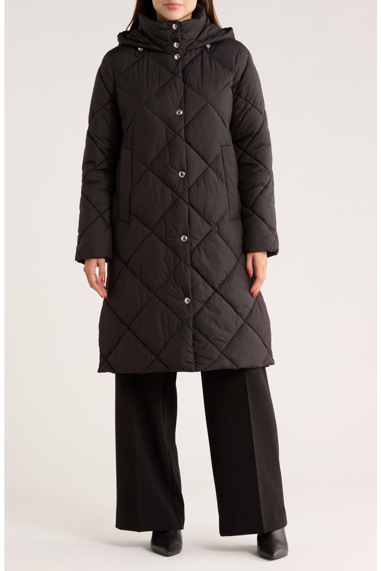 Hooded Long Quilted Puffer Jacket, Main, color, BLACK