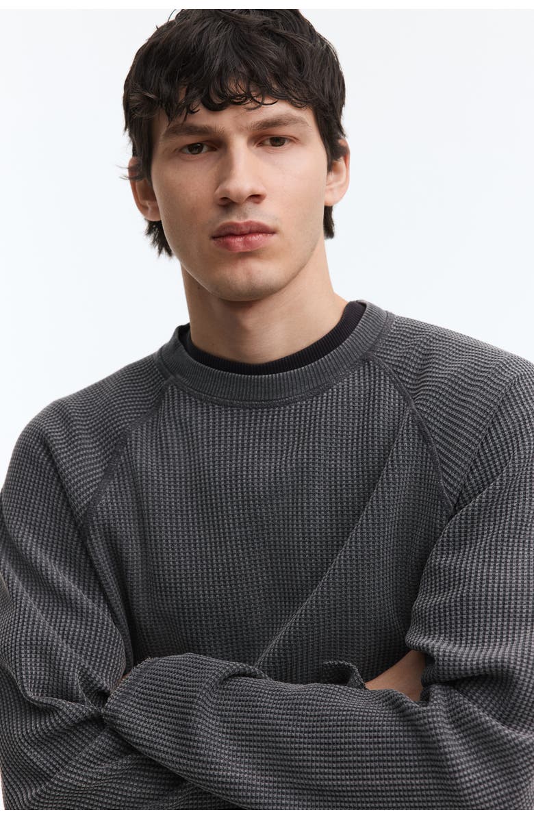 H&M Regular Fit Long-sleeved Waffled Top, Alternate, color, Dark Gray