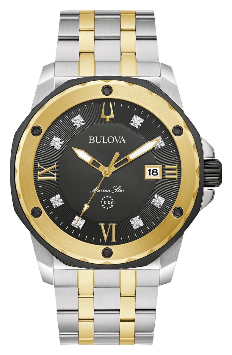 BULOVA Marine Star Diamond Two-Tone Bracelet Watch, 44mm, Main, color, Black/ Two Tone