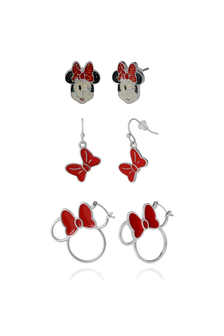 Minnie Mouse Red Bow Earring Set, 3 Pairs (Hoops, Drops & Studs), Silver-Tone, Alternate, color, Red