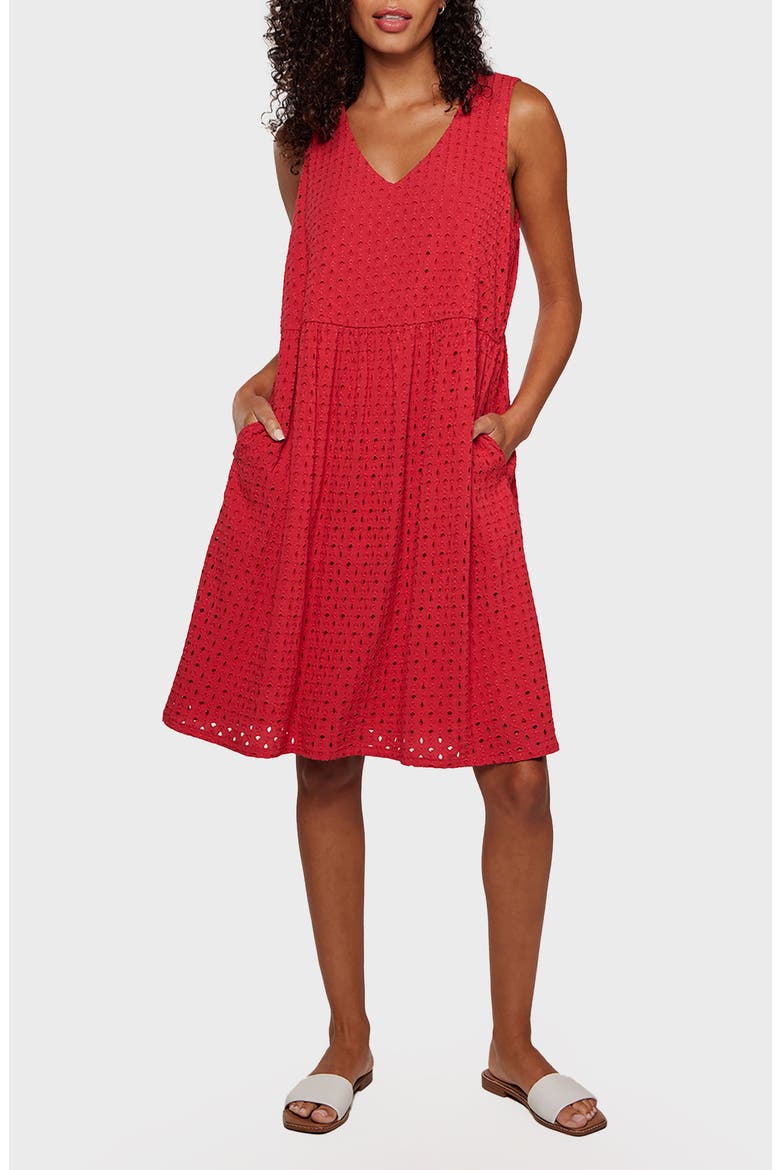 Lia V-Neck Sleeveless Eyelet Midi Sundress, Main, color, CHERRY