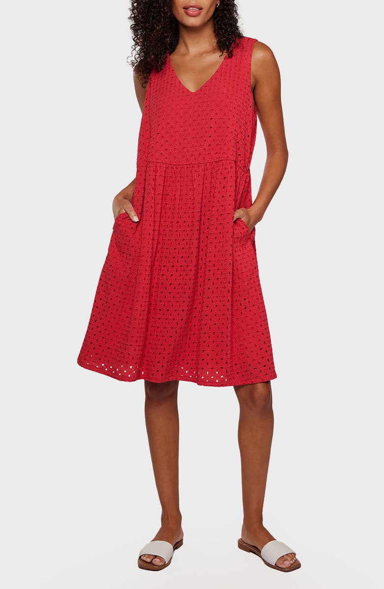 matty m. Lia V-Neck Sleeveless Eyelet Midi Sundress, Main, color, Cherry