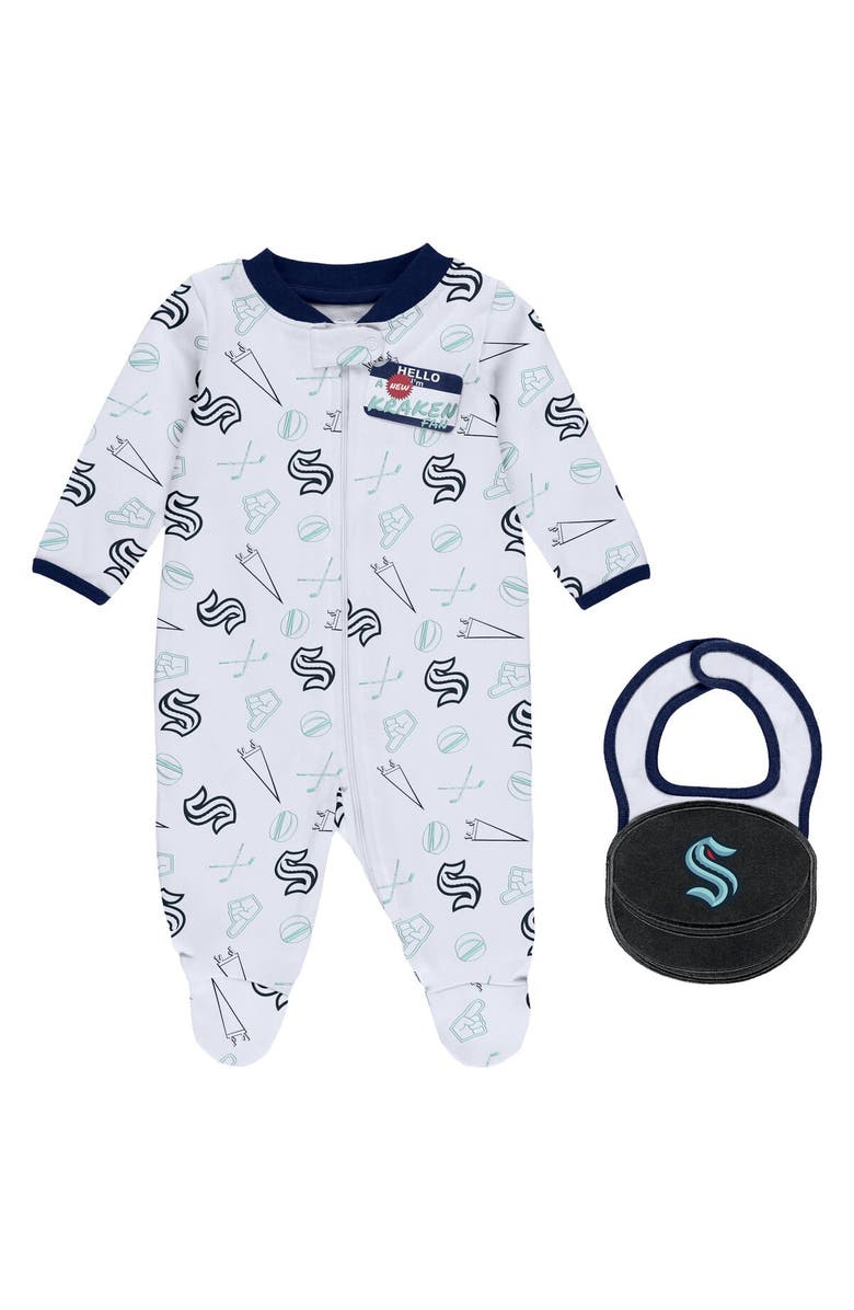 WEAR by Erin Andrews Newborn & Infant WEAR by Erin Andrews White Seattle Kraken Sleep & Play Full-Zip Footed Jumper with Bib, Main, color, Navy