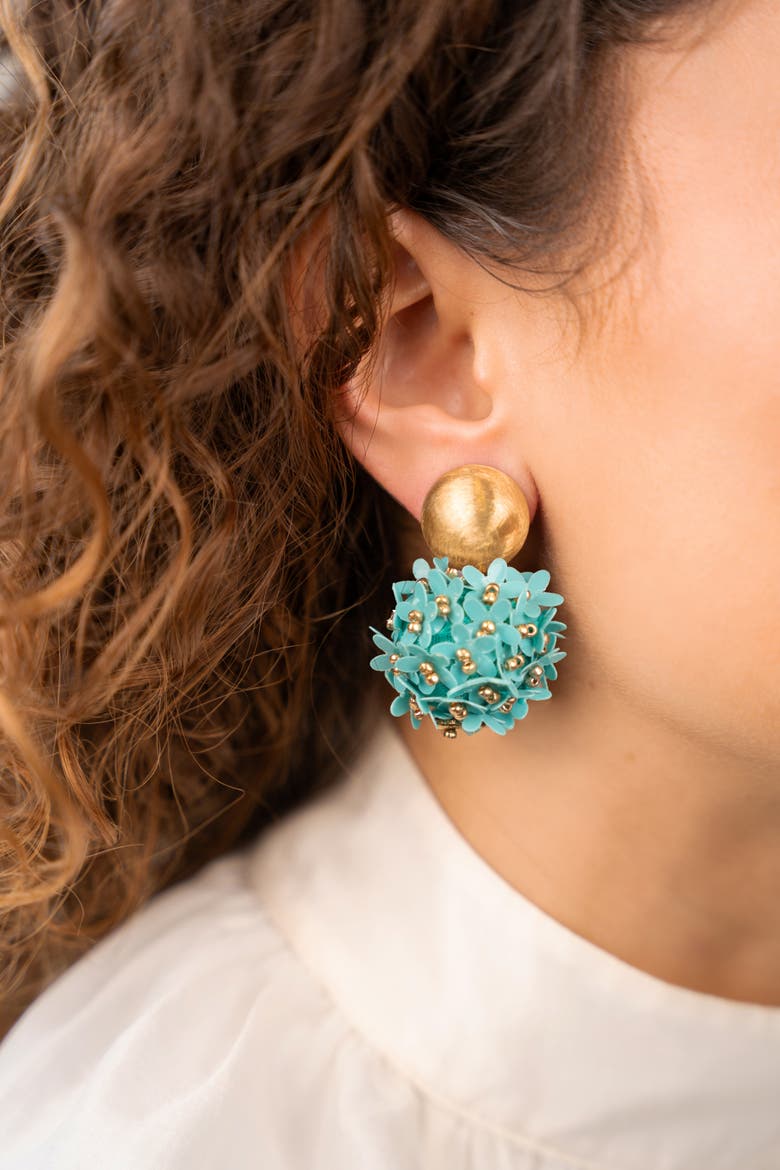 Sequin Flower Globe Statement Earrings in Aquamarine, Alternate, color, Aquamarine blue