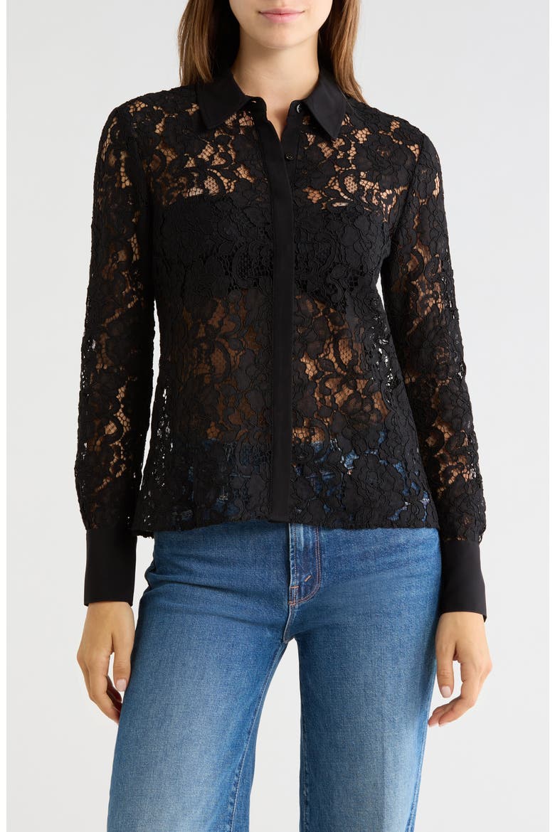 Maia Lace Button-Down Shirt, Main, color, BLACK