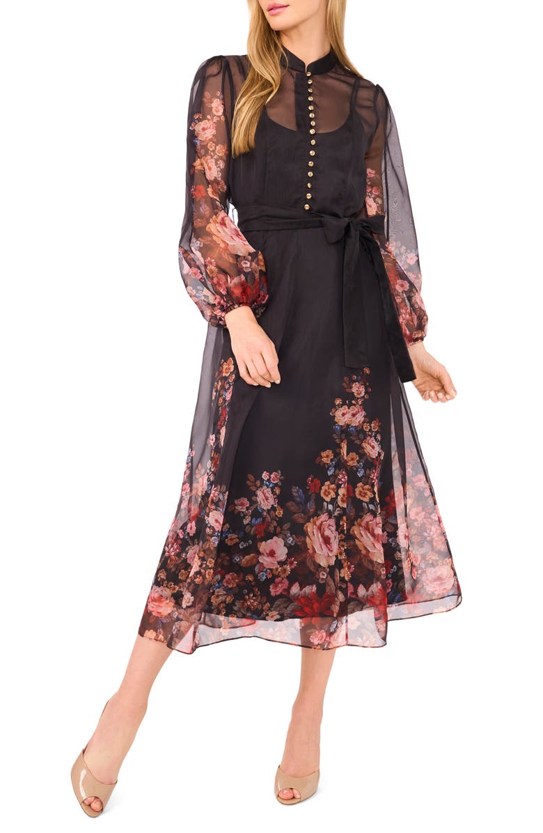 Ted Baker Placement Print Long Sleeve Organza Maxi Dress, Main, color, Rich Black