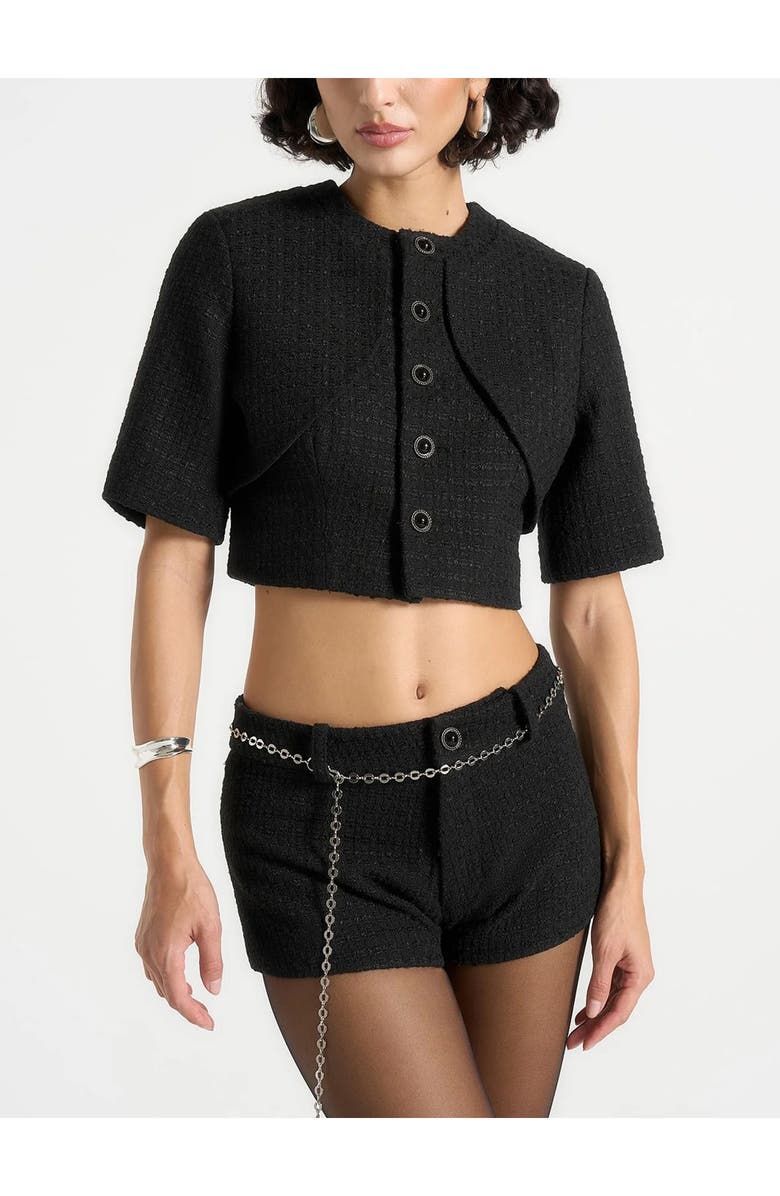 Manière De Voir Alba Tweed Mock Neck Curve Detailing Top, Alternate, color, Black