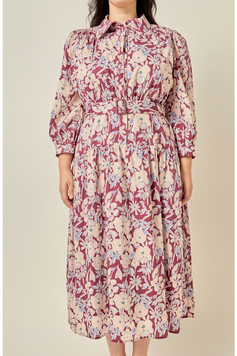 Floral Cotton Midi Shirtdress, Alternate, color, BURGUNDY/ BLUE