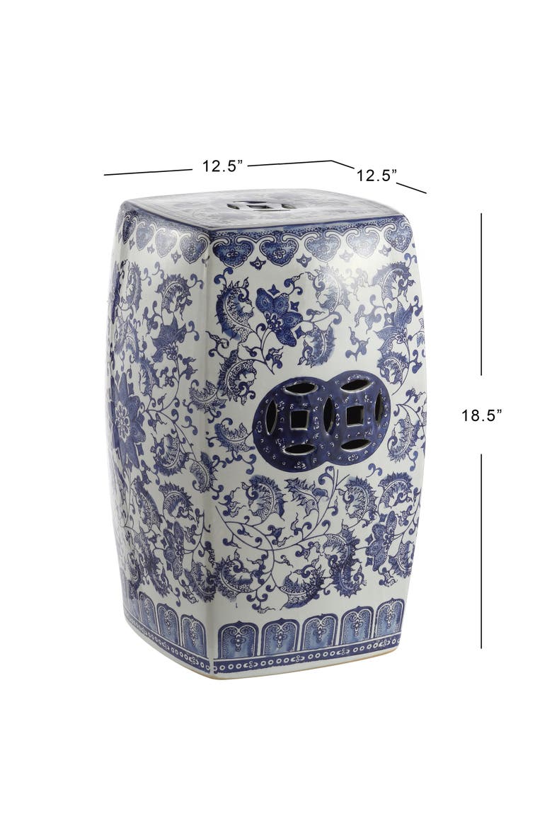 Floral Vine Traditional Floral Chinoiserie Ceramic Drum Garden Stool, Pierced Indoor/Outdoor Patio Seat & Side Table, Alternate, color, Blue/White