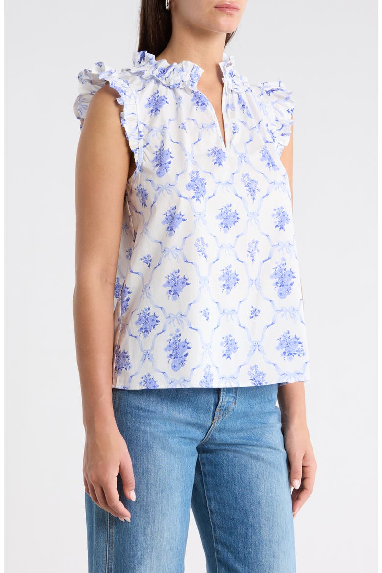 Nia Floral Jaye Flutter Sleeve Stretch Cotton Top, Alternate, color, WHITE-BLUE
