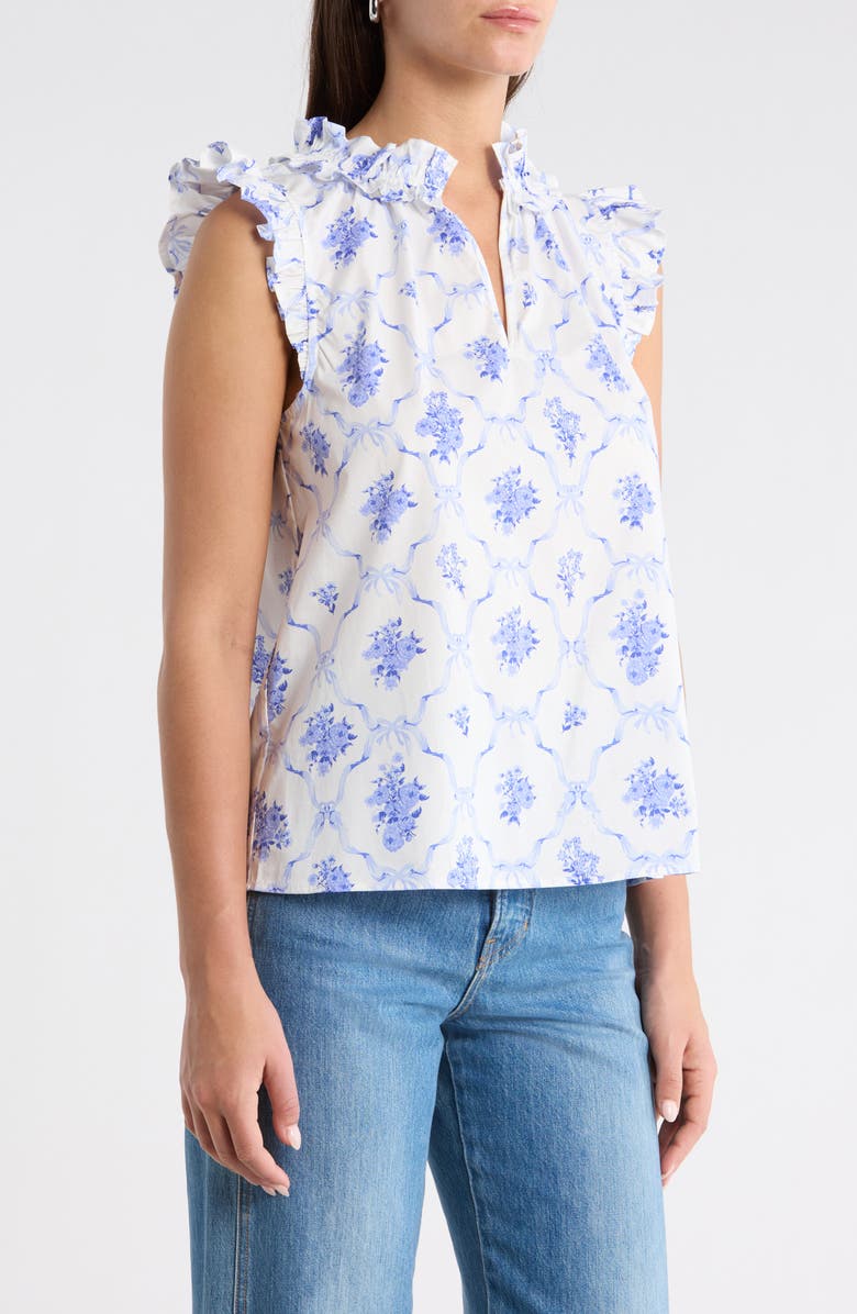 SUGARLIPS Nia Floral Jaye Flutter Sleeve Stretch Cotton Top, Alternate, color, White-Blue