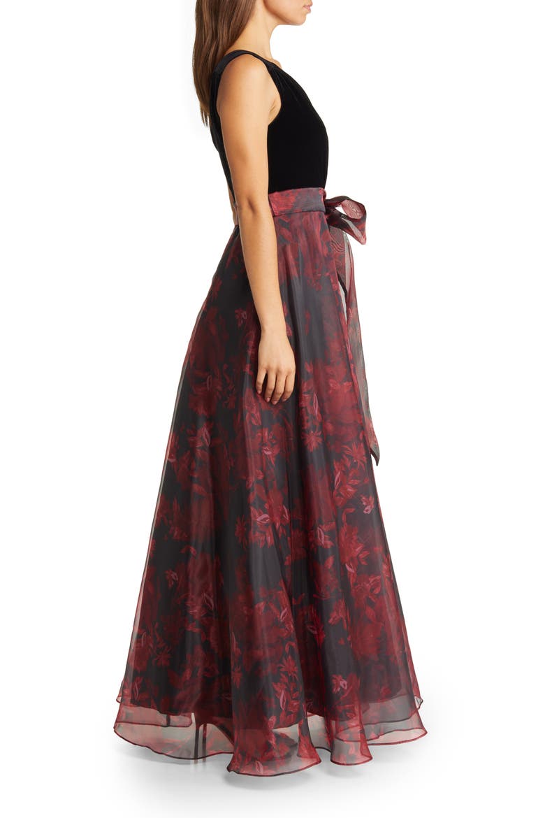 Mixed Media Sleeveless Gown, Alternate, color, BLACK/ RED