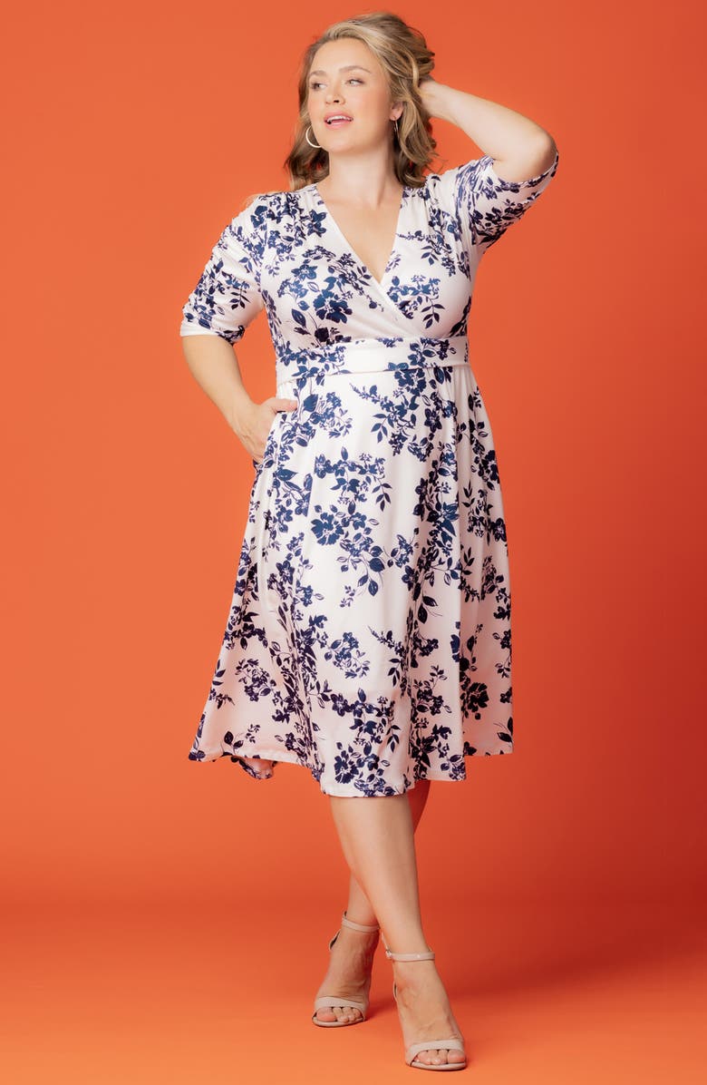 Kiyonna Gabriella Print Jersey A-Line Dress, Alternate, color, Ivory Florals