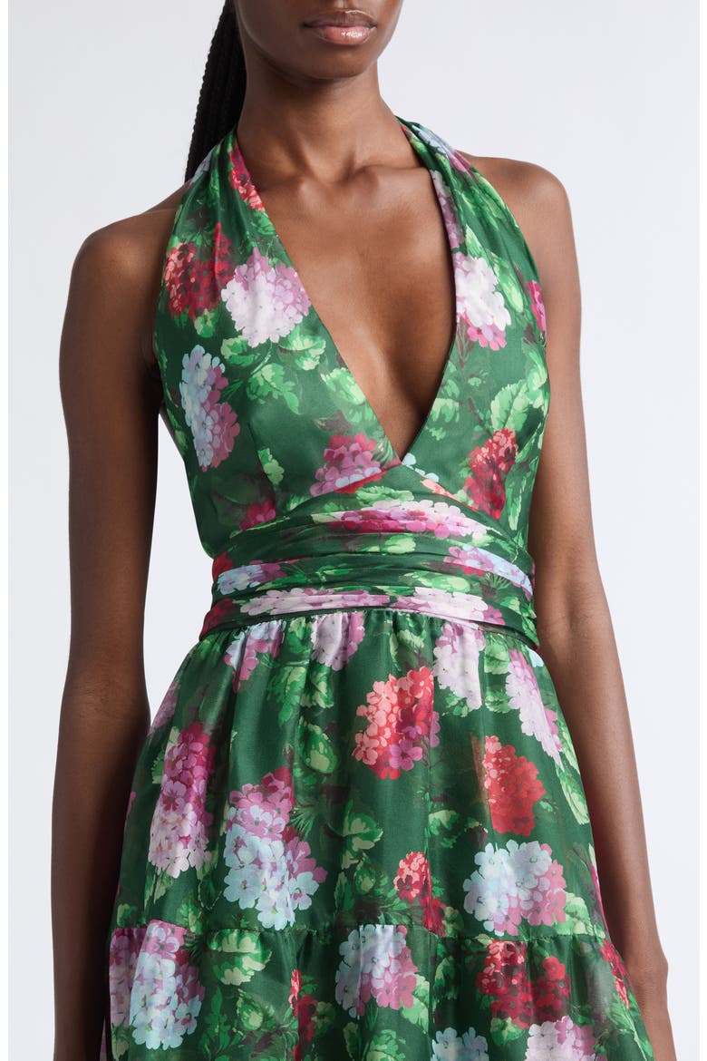 Hydrangea Tiered Silk Halter Neck Gown, Alternate, color, RACING GREEN MULTI