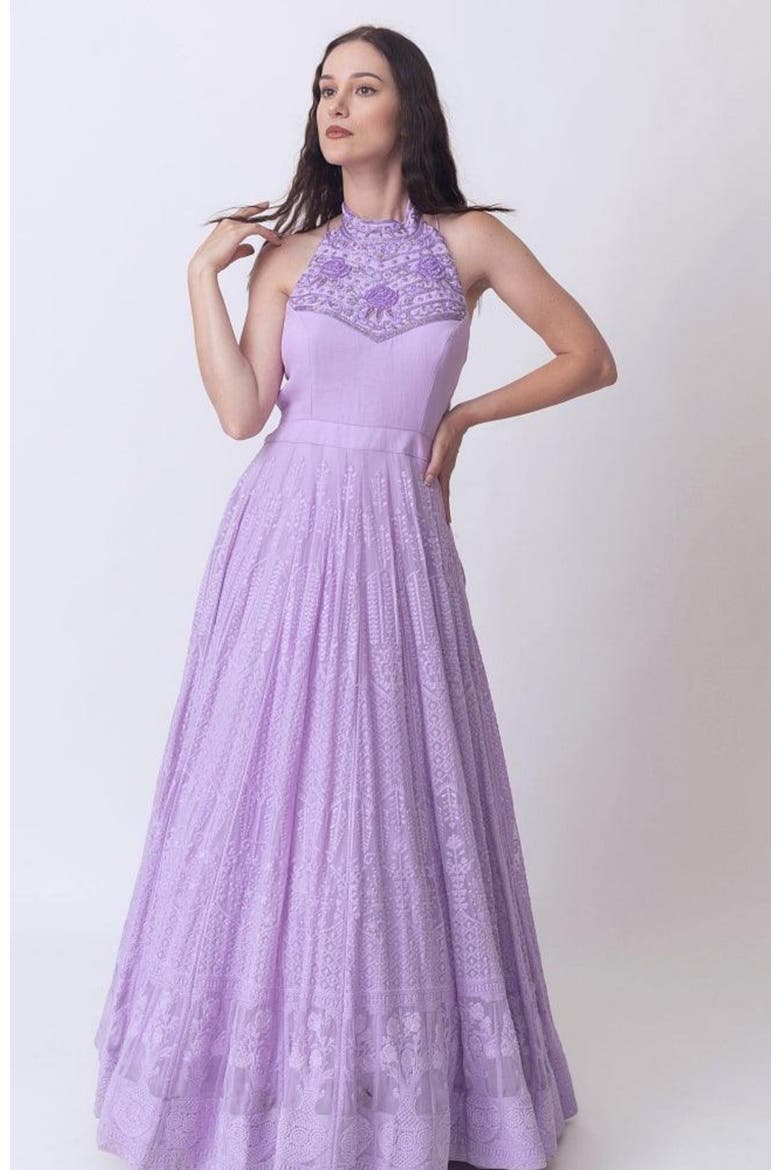Maisa Embroidered High Neck Gown, Main, color, Lilac