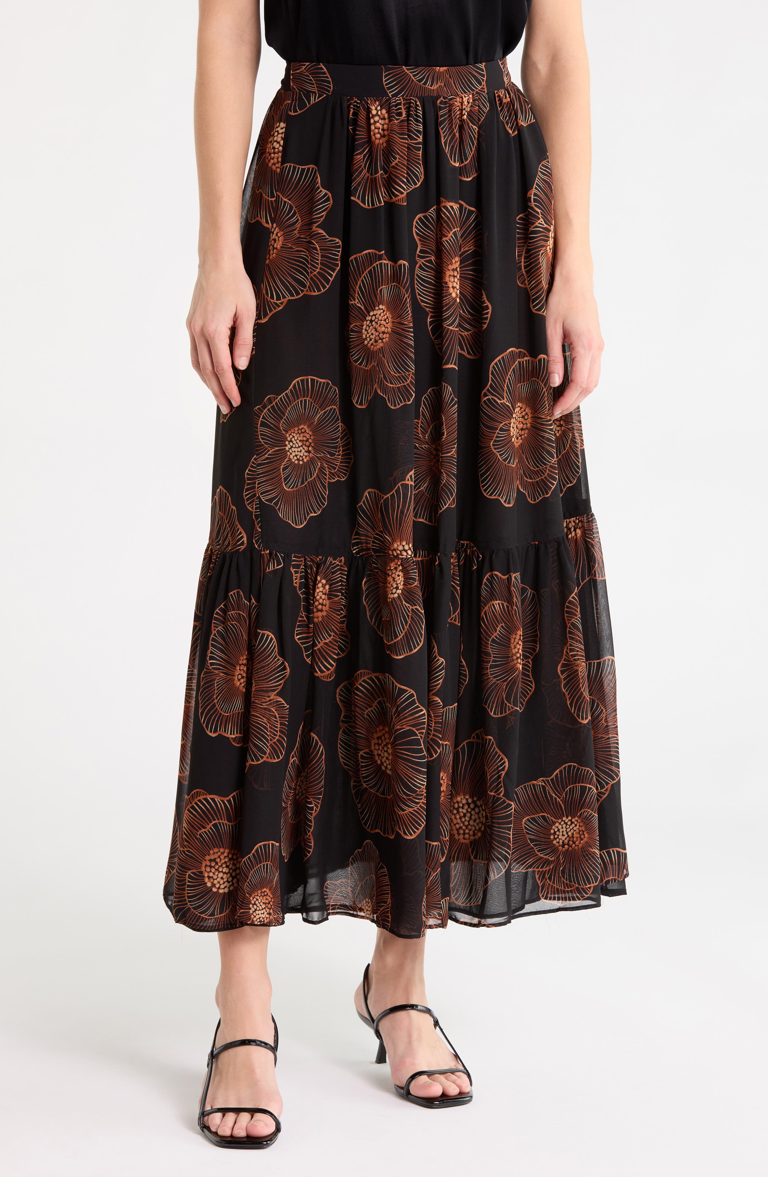 Floral Ruffle Hem Chiffon Skirt