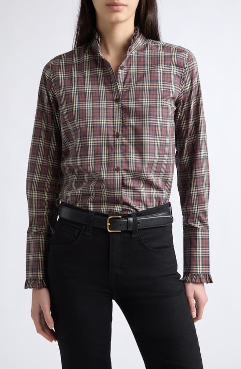 Elio Plaid Ruffle Band Collar Button-Up Shirt