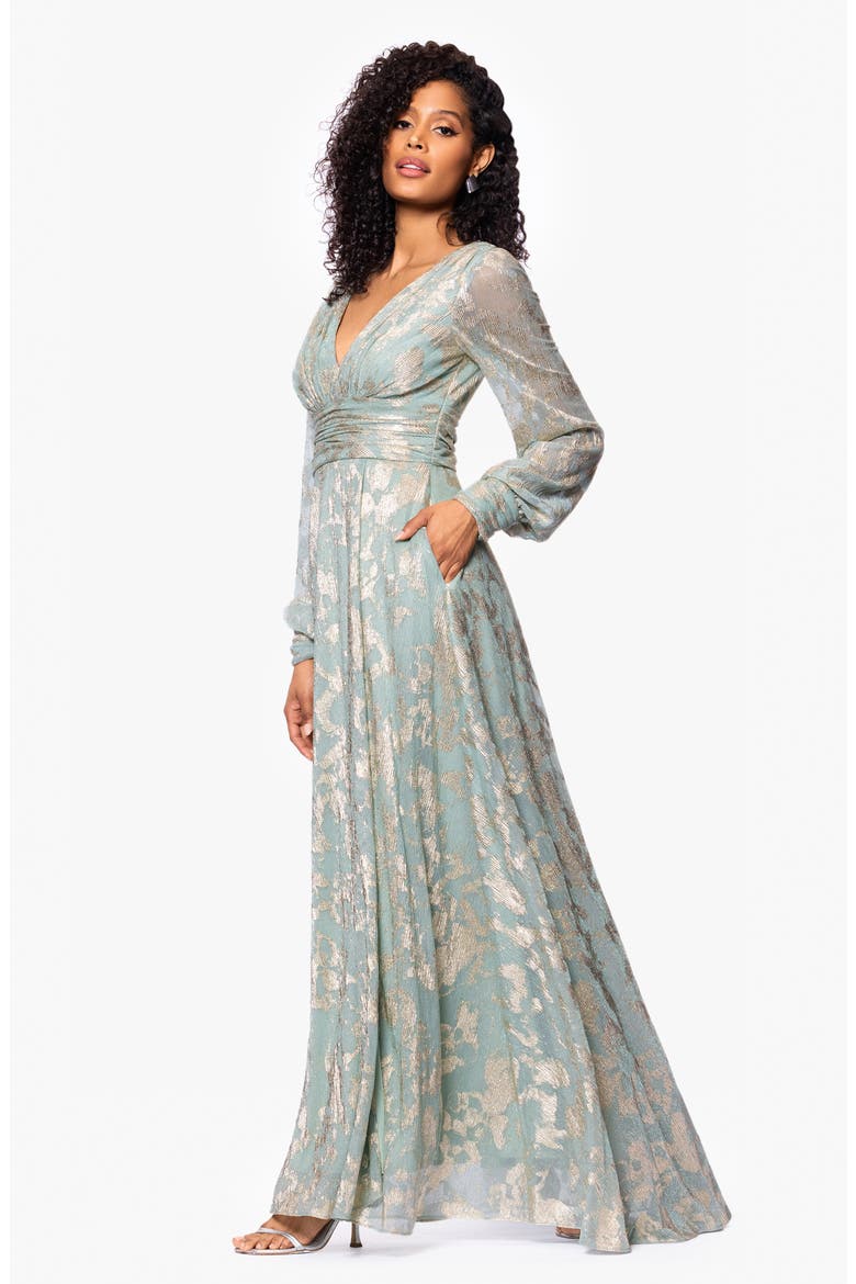 Foil Pattern Long Sleeve Gown, Alternate, color, SAGE/ GOLD