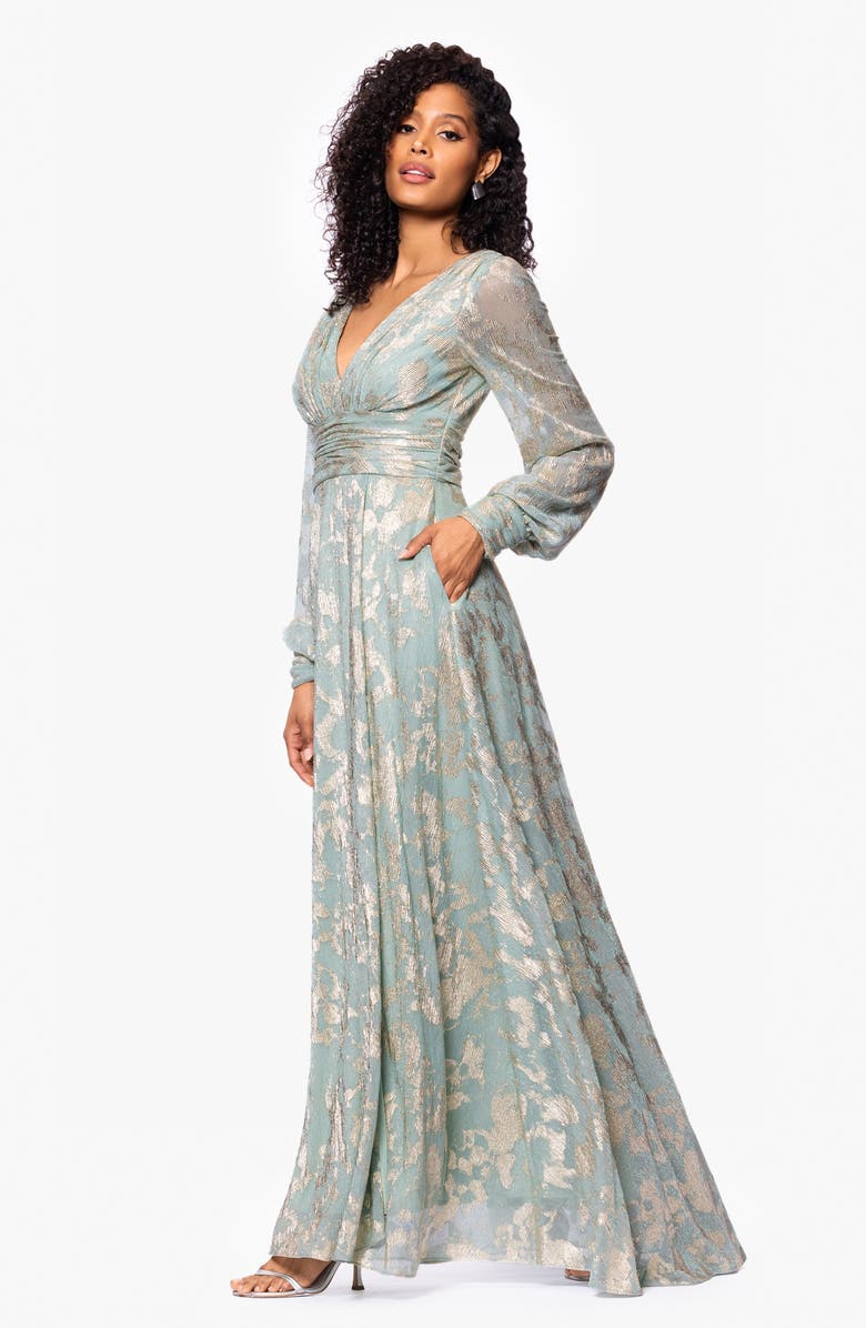Betsy & Adam Foil Pattern Long Sleeve Gown, Alternate, color, Sage/ Gold