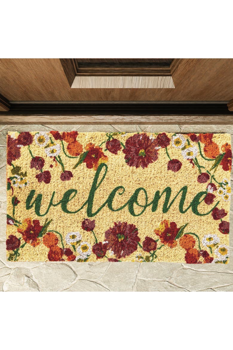Blooming Welcome Coir Mat Indoor Outdoor Rectangle Door Mat, Alternate, color, Yellow