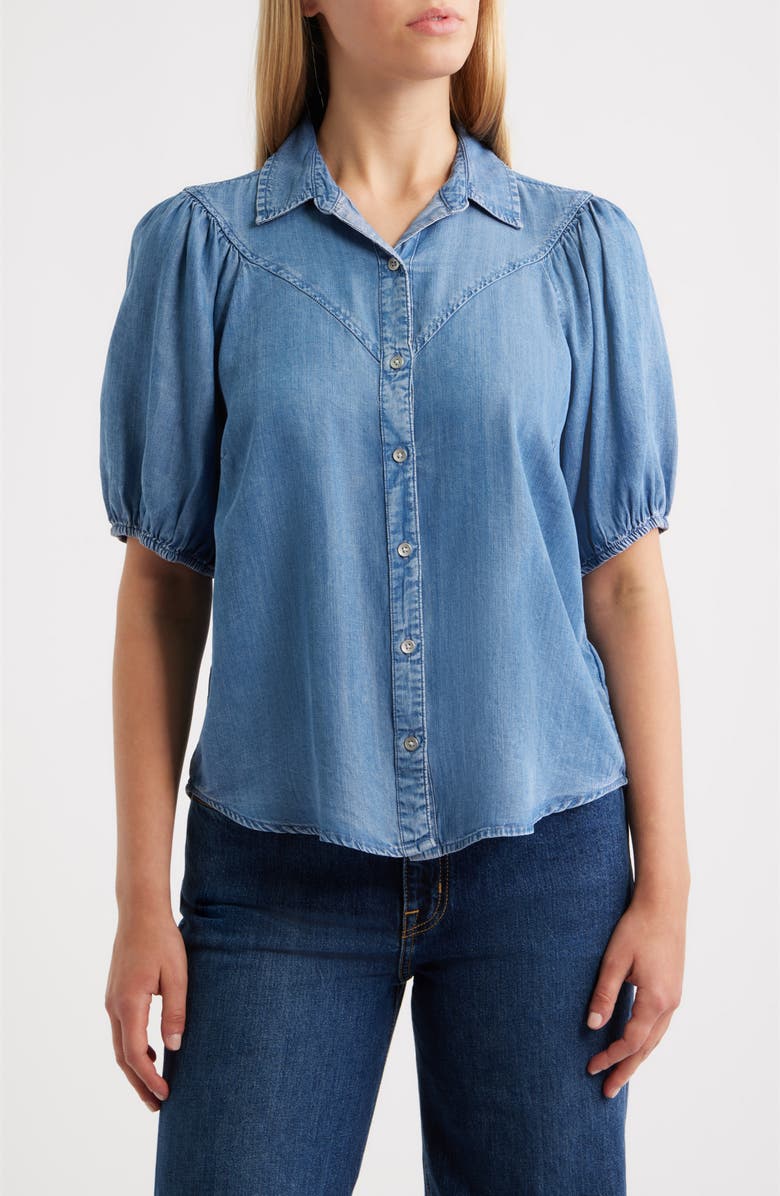 beachlunchlounge Lida Short Sleeve Denim Button-Up Shirt, Main, color, Medium Wash
