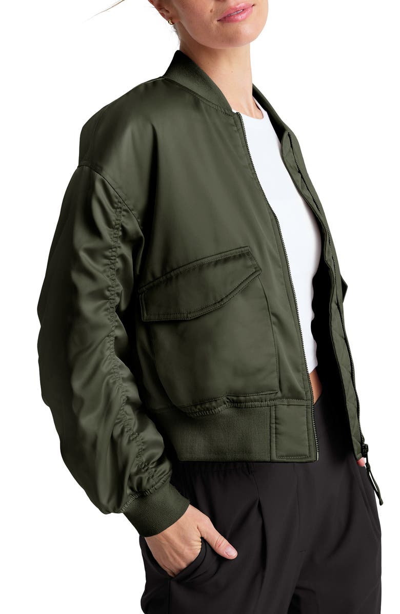 Beyond Yoga Melrose Shirred Sleeve Bomber Jacket, Alternate, color, Forest Green