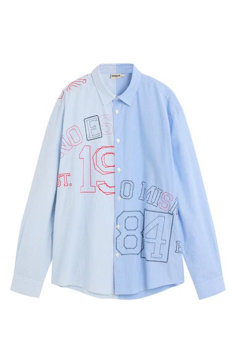 Striped Embroidered Long Sleeve Button-Up Shirt