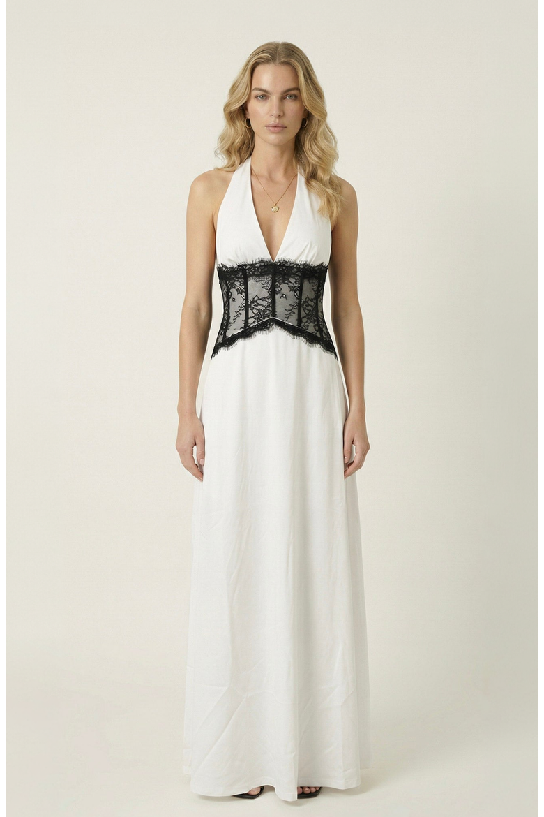 Halter Lace Corset Maxi Dress, Main, color, Off-White / Black
