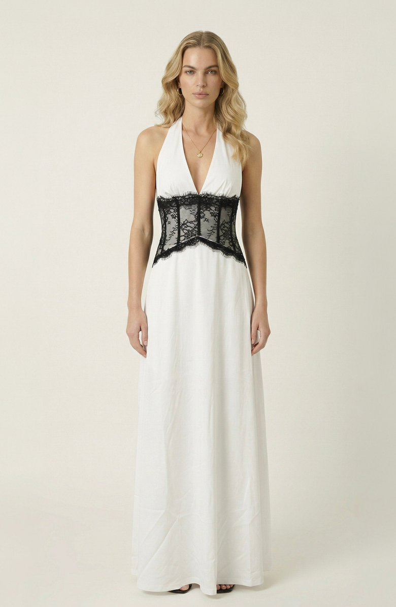 Modenaire Halter Lace Corset Maxi Dress, Main, color, Off-White / Black