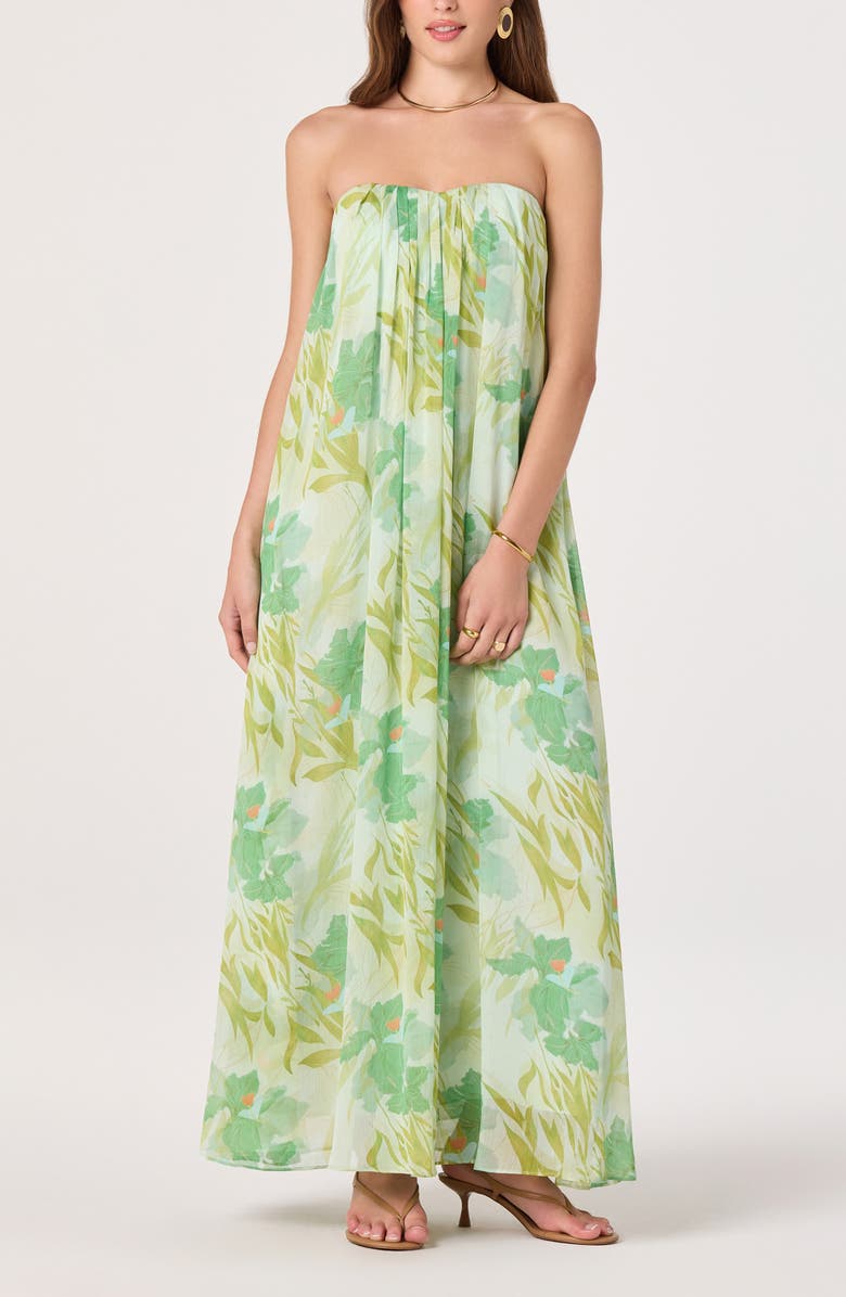 ASTR the Label Aileen Strapless Chiffon Maxi Dress, Alternate, color, Green Tropical