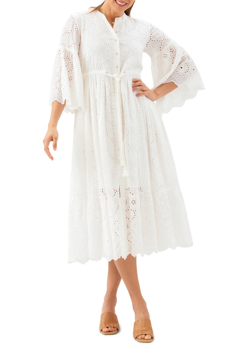 Tiered Cotton Eyelet Midi Dress, Main, color, OFF WHITE