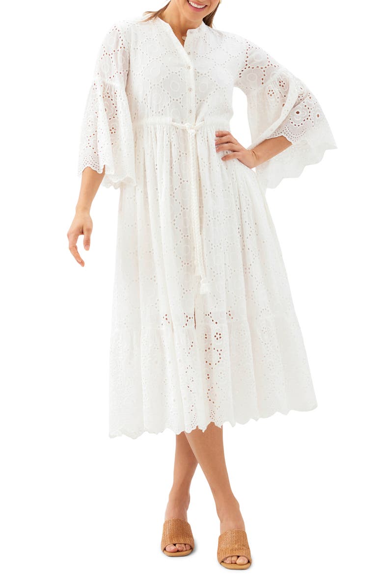 Karen Kane Tiered Cotton Eyelet Midi Dress, Main, color, Off White