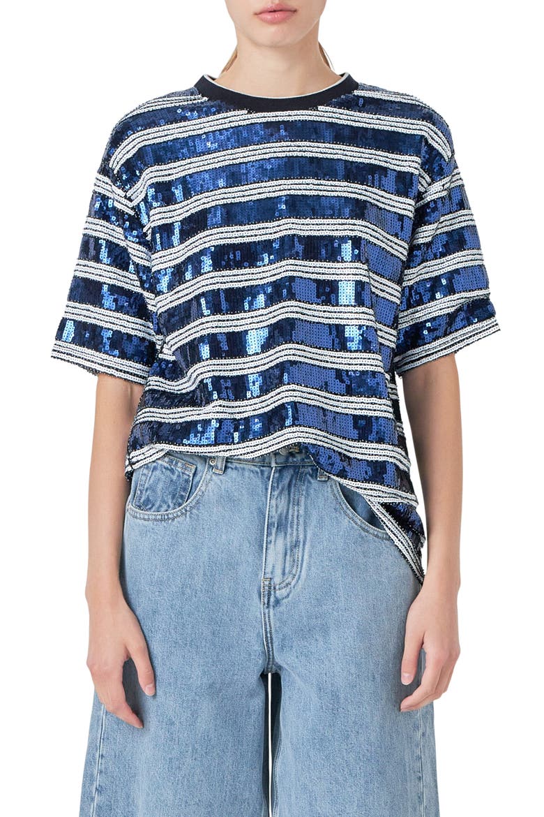 Sequin Stripe Top, Main, color, WHITE/ NAVY