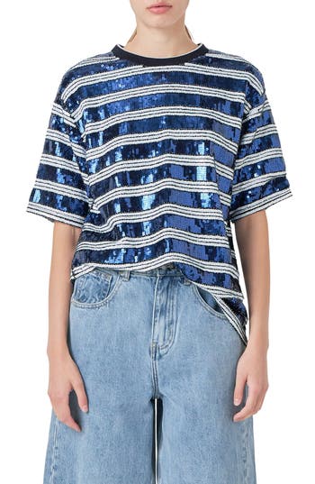 Grey Lab Sequin Stripe Top In White/navy